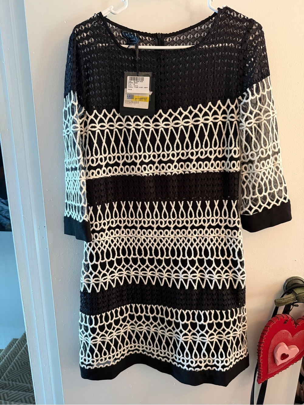 Black and White Patterned Lace-Overlay Dress